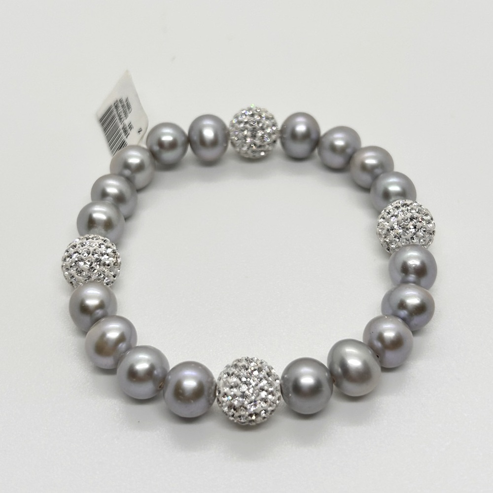 8-9mm Grey Freshwater Pearl Disco Ball Crystal Stretch Bracelet